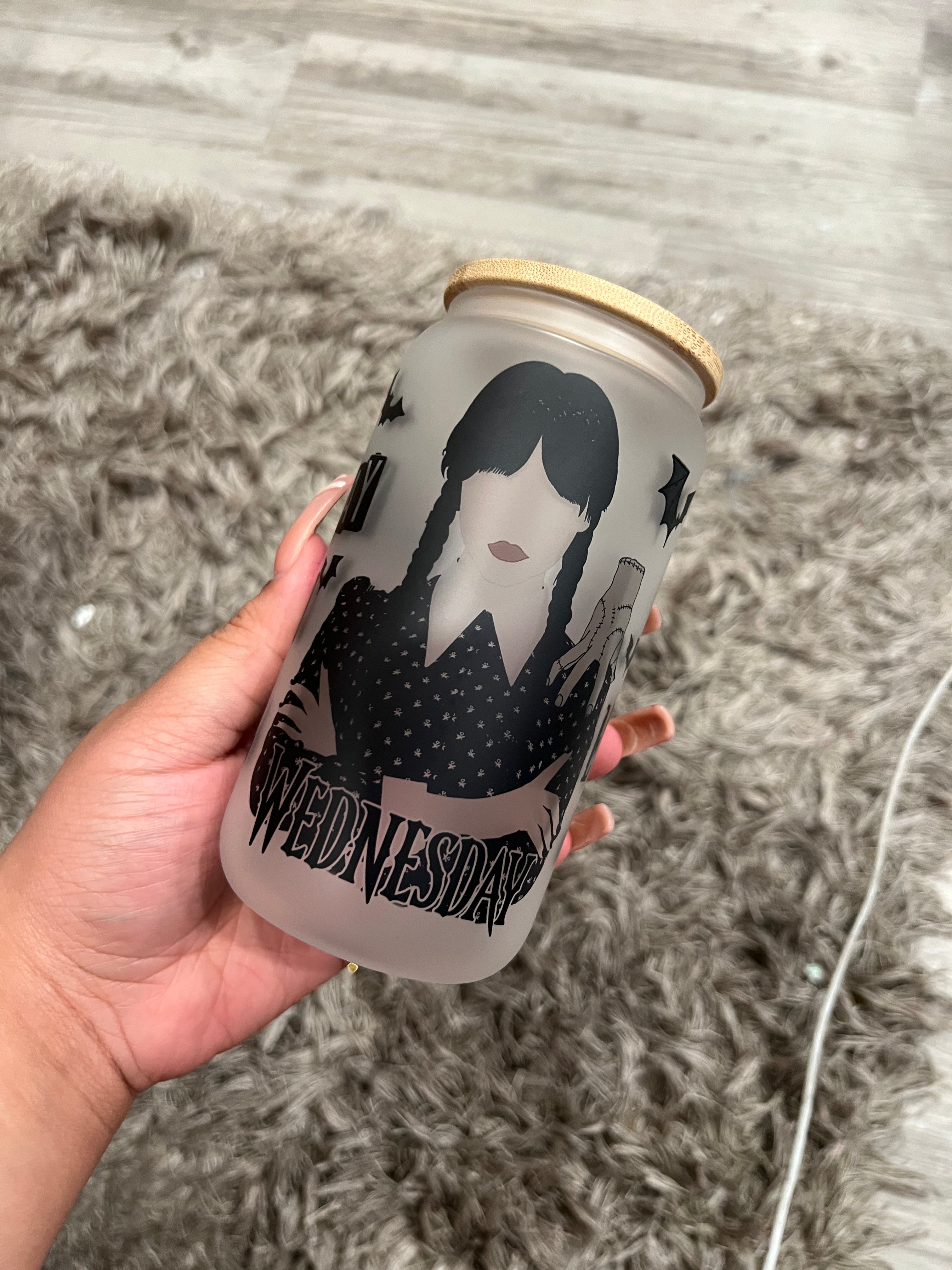 16oz Wednesday Addams 1 Glass Cup, Wednesday Glass Beer Can Cup, Wednesday,  Black Cup, Christmas Cup, Beer Can Cup, Coffee Cup 